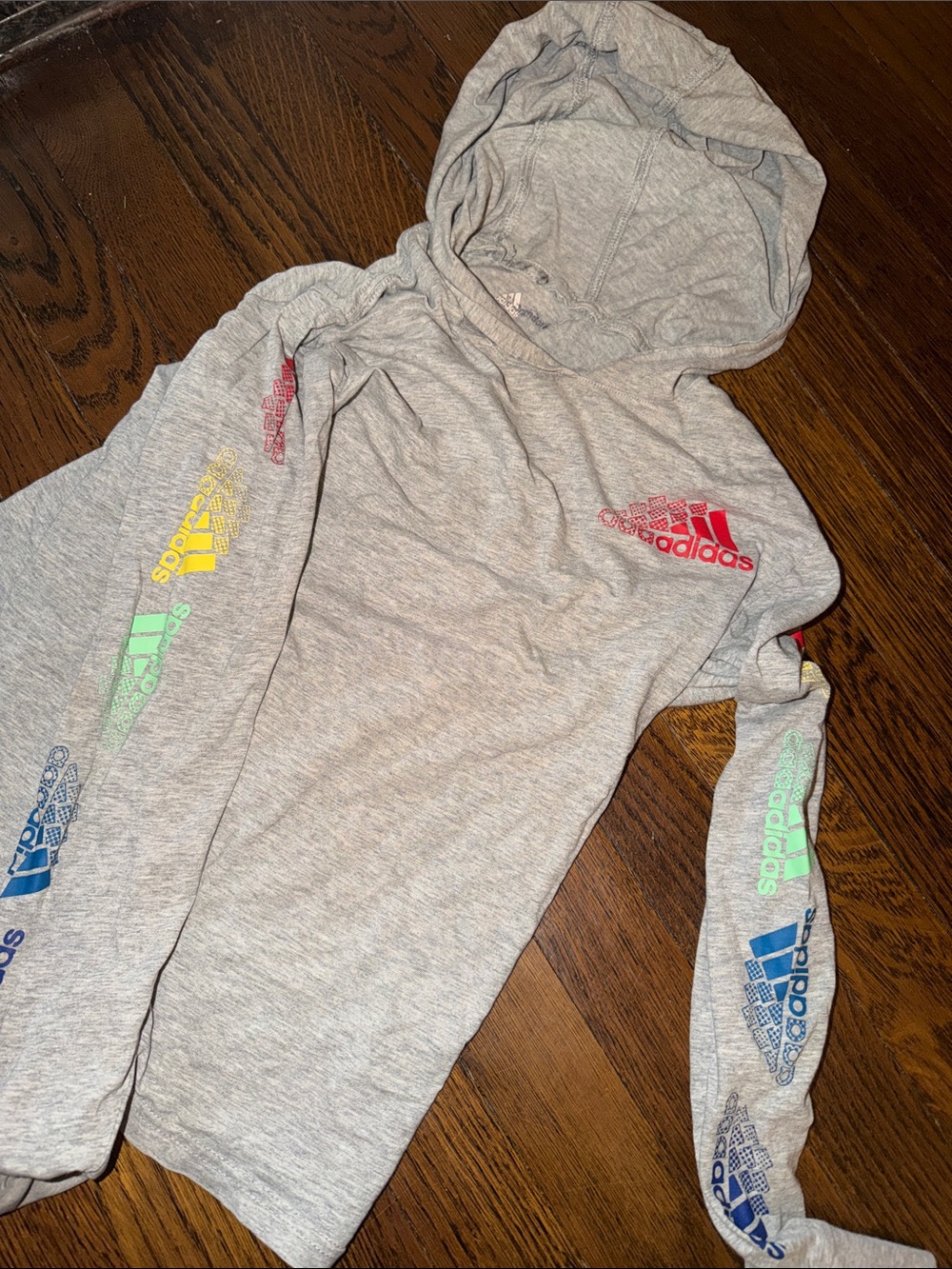 adidas Light Gray Hoodie with Rainbow Logo Sleeve Accents